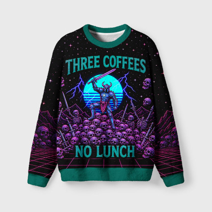 Soulisfree Three Coffees No Lunch Fuzzy Crewneck Sweater
