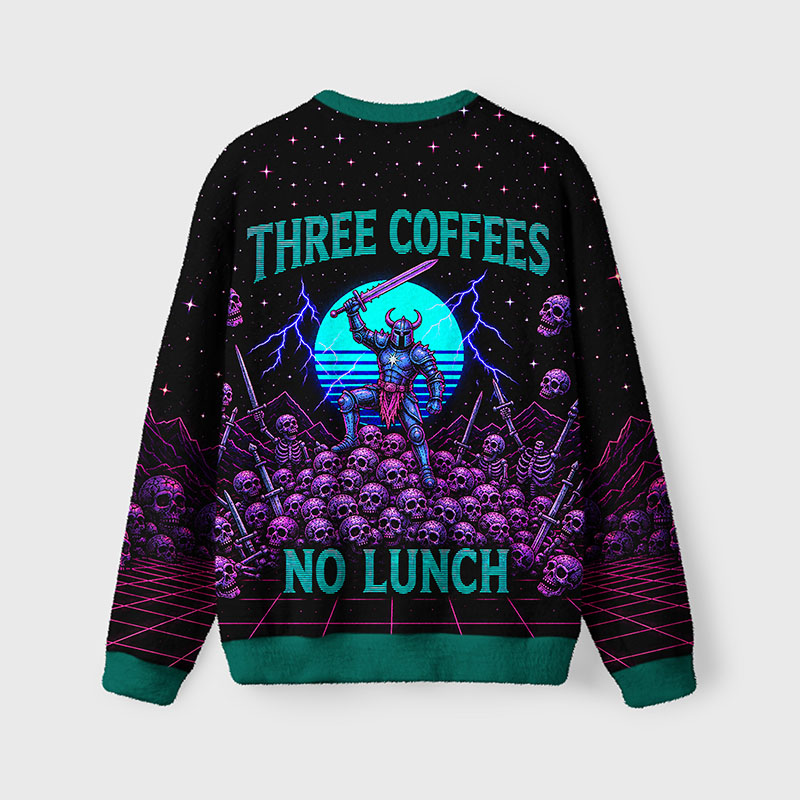 Soulisfree Three Coffees No Lunch Fuzzy Crewneck Sweater