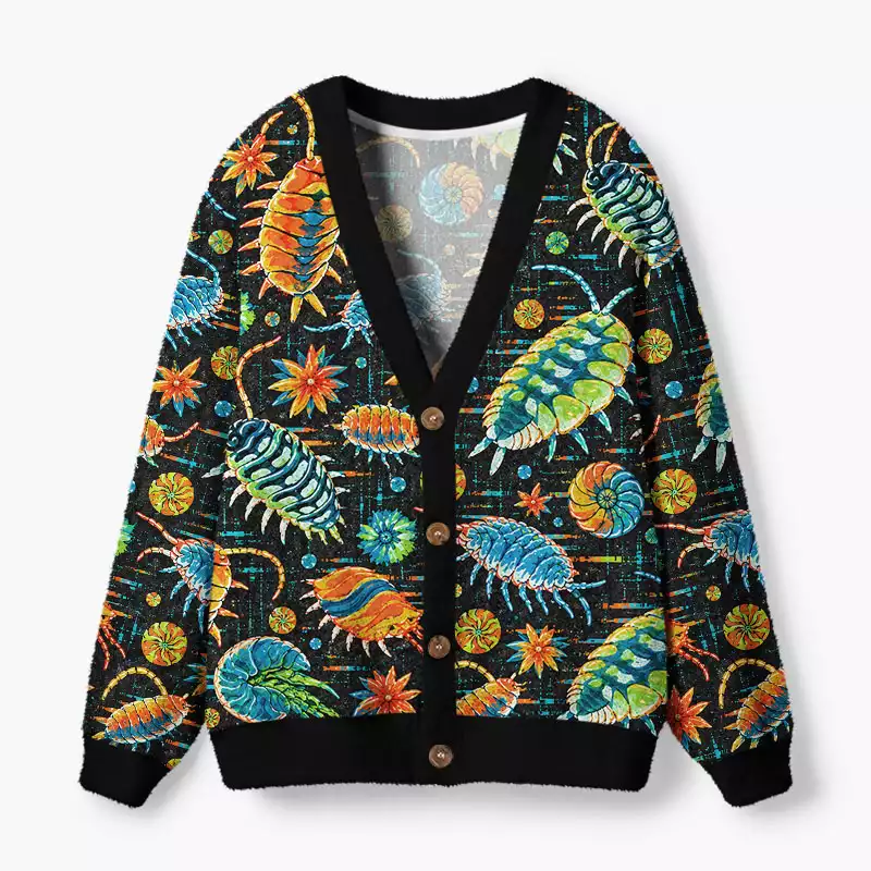 Soulisfree Vintage Isopods and Flowers Fuzzy Cardigan Sweater