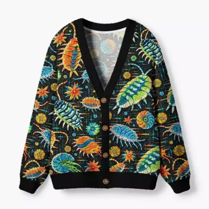 Soulisfree Vintage Isopods and Flowers Fuzzy Cardigan Sweater