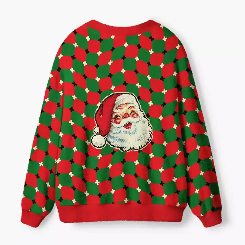 Soulisfree Vintage Santas on Wavy  Christmas Fuzzy Cardigan Sweater