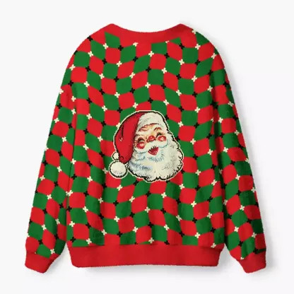 Soulisfree Vintage Santas on Wavy  Christmas Fuzzy Cardigan Sweater