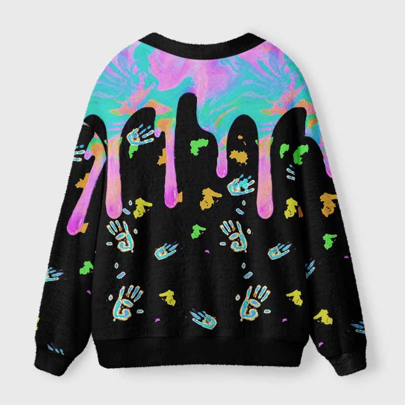 Soulisfree Neon Drip Galaxy with Floating Handprints Fuzzy Cardigan Sweater 