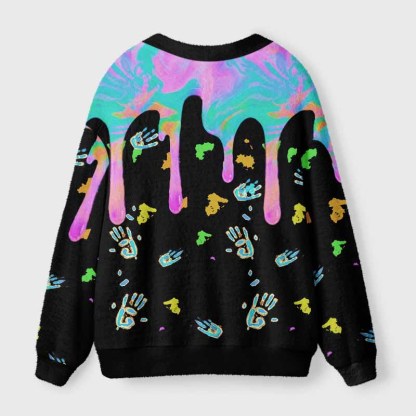 Soulisfree Neon Drip Galaxy with Floating Handprints Fuzzy Cardigan Sweater 