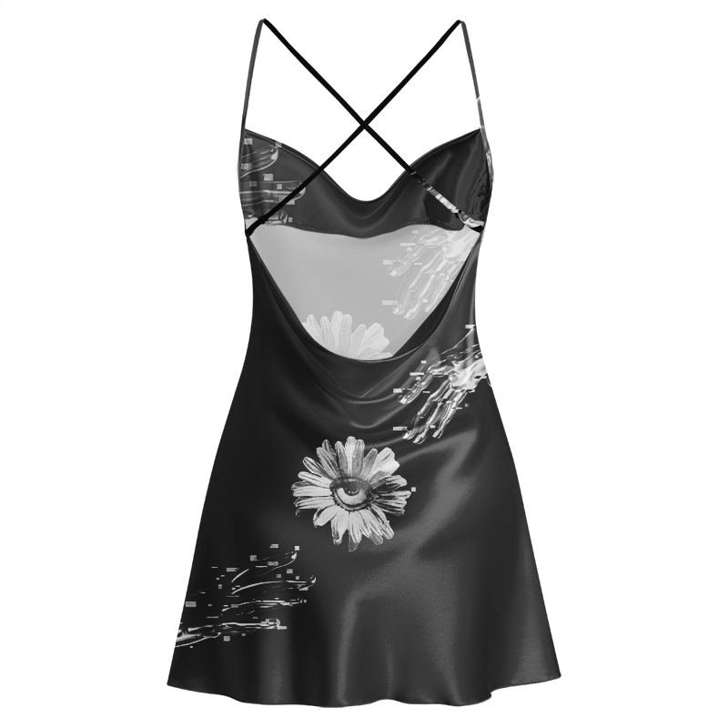Soulisfree Futuristic Hands and Mystic Eye Flower  Cowl Neck Satin Mini Dress