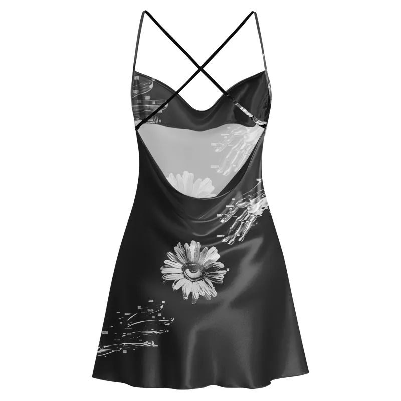 Soulisfree Futuristic Hands and Mystic Eye Flower  Cowl Neck Satin Mini Dress
