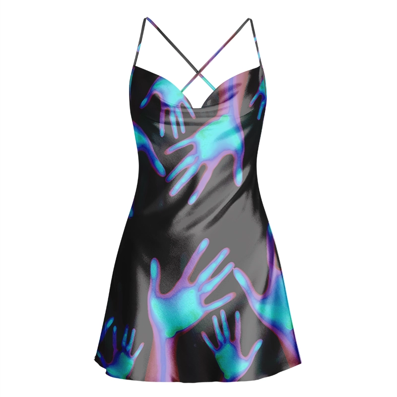 Soulisfree Hologram Hand Print Cowl Neck Satin Mini Dress