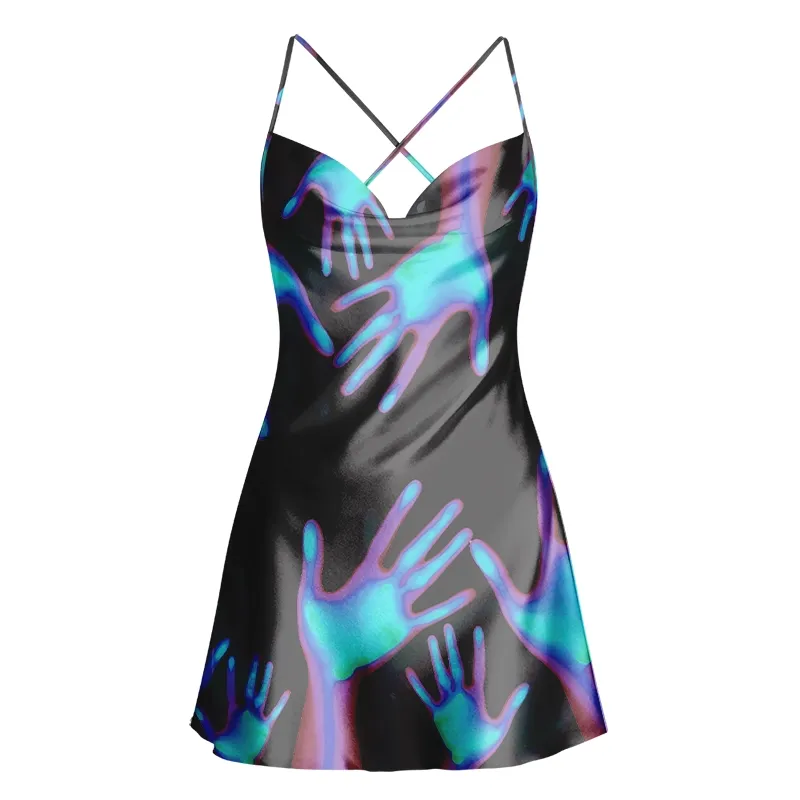 Soulisfree Hologram Hand Print Cowl Neck Satin Mini Dress