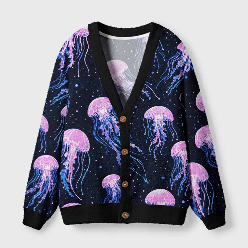 Soulisfree Cosmic Jellyfish Starry Night Fuzzy Cardigan Sweater 