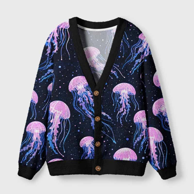 Soulisfree Cosmic Jellyfish Starry Night Fuzzy Cardigan Sweater