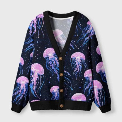 Soulisfree Cosmic Jellyfish Starry Night Fuzzy Cardigan Sweater 
