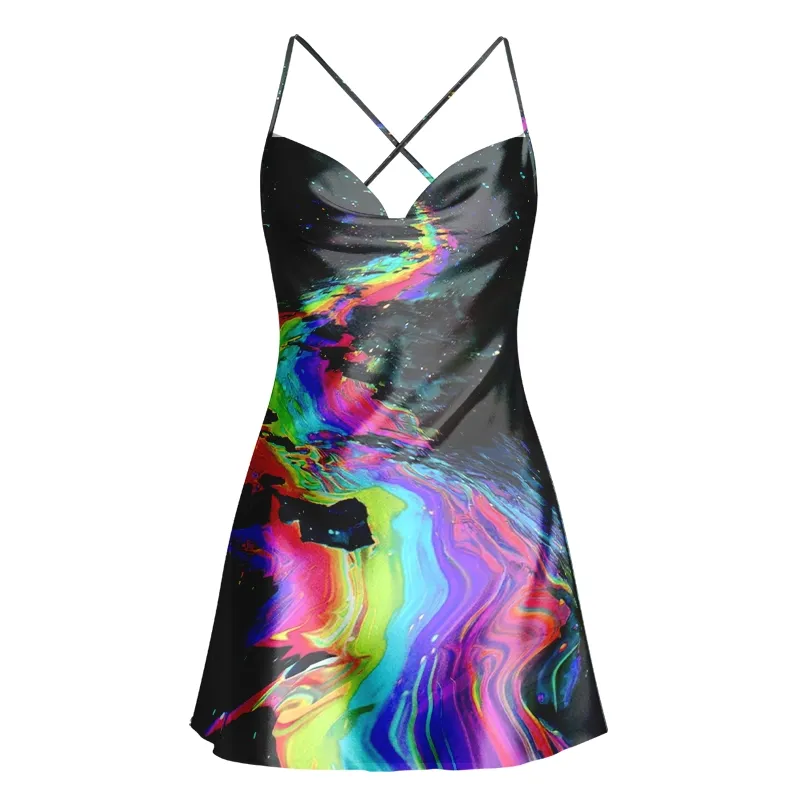Soulisfree Pop Art Eye Collage Cowl Neck Satin Mini Dress