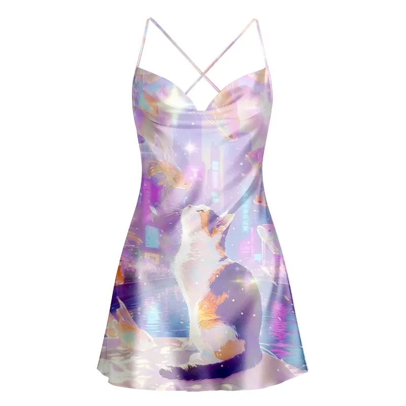 Soulisfree Pastel Cyber Cat Dream Cowl Neck Satin Mini Dress