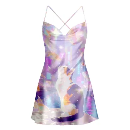 Soulisfree Pastel Cyber Cat Dream Cowl Neck Satin Mini Dress