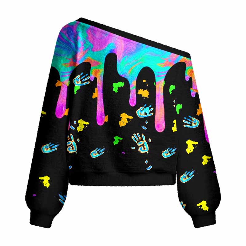 Soulisfree Neon Drip Galaxy with Floating Handprints Women's Fuzzy Crewneck Sweater