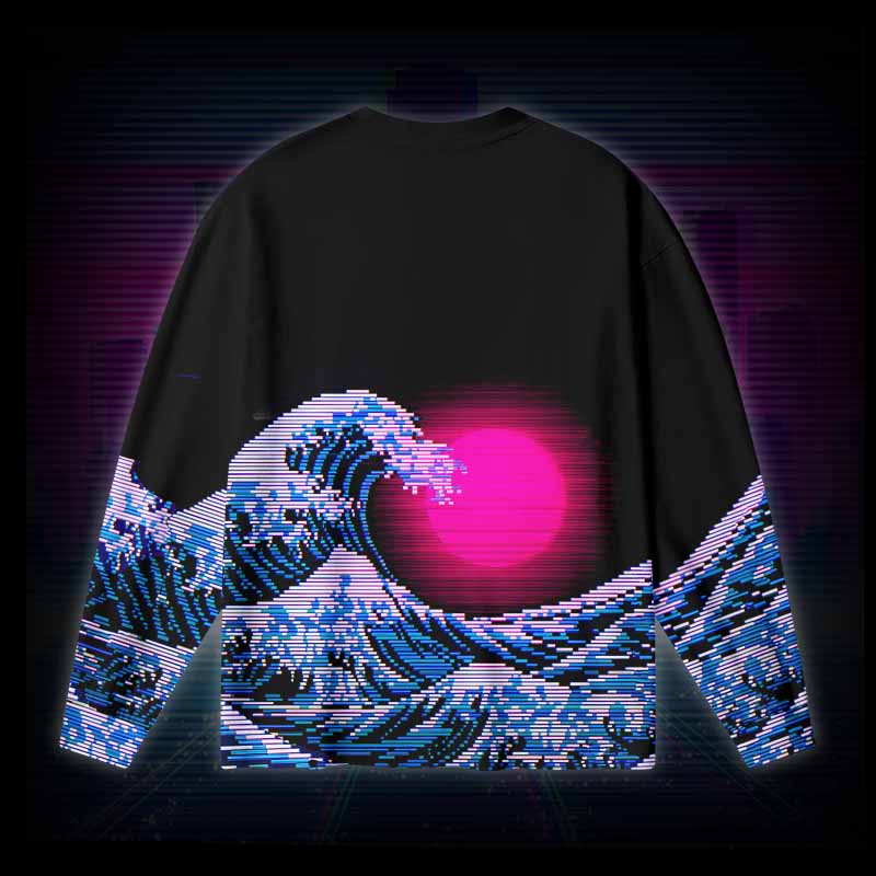 Soulisfree Vaporwave Aesthetic Great Wave Off Kanagawa Long Sleeve Cotton Tee