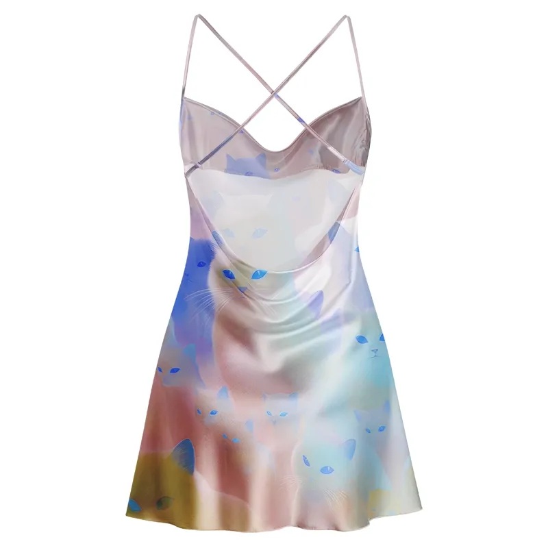 Soulisfree Dreamy Cat Print Slip Cowl Neck Satin Mini Dress