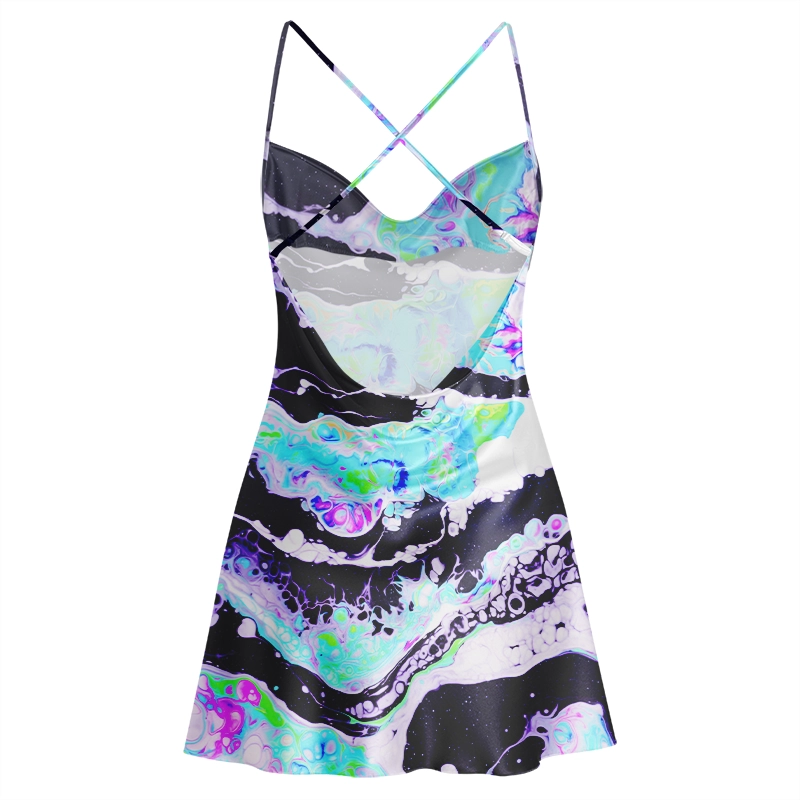 Soulisfree Cosmic Fluid Swirl Cowl Neck Satin Mini Dress