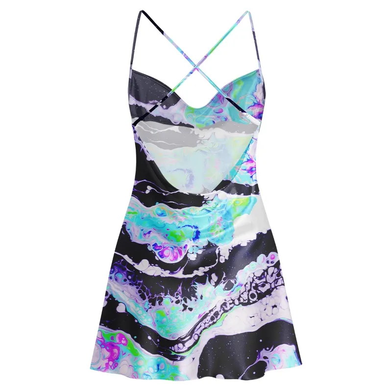 Soulisfree Cosmic Fluid Swirl Cowl Neck Satin Mini Dress