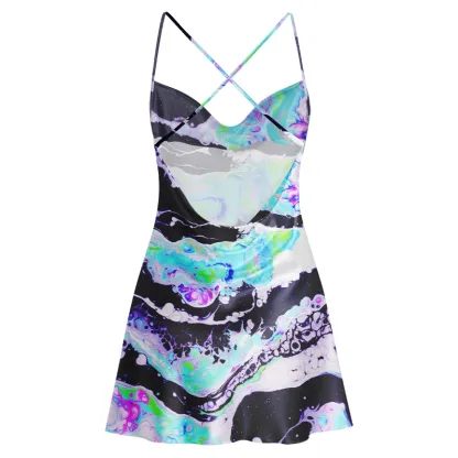Soulisfree Cosmic Fluid Swirl Cowl Neck Satin Mini Dress