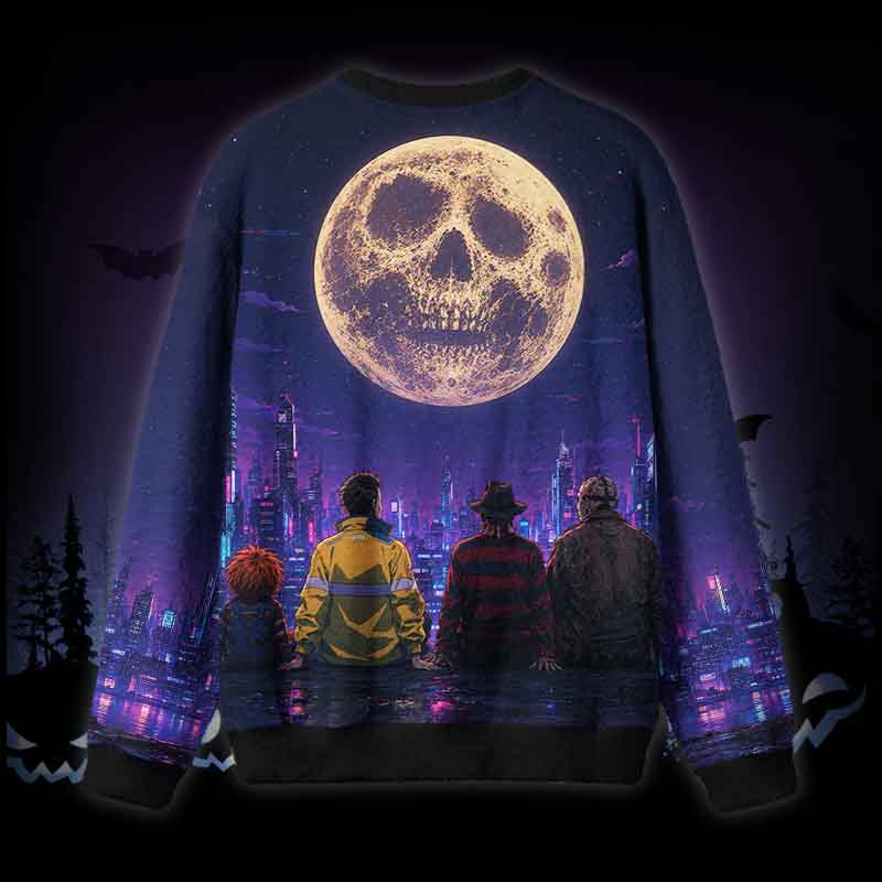 Soulisfree Skull Moon Over Neon Cybercity Fuzzy Crewneck Sweater