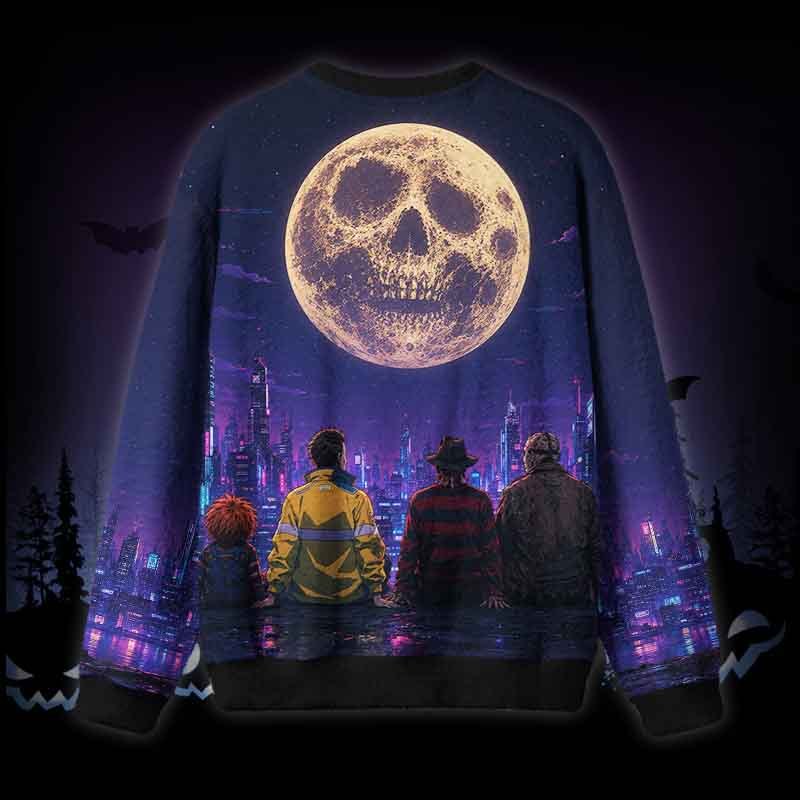 Soulisfree Skull Moon Over Neon Cybercity Fuzzy Crewneck Sweater