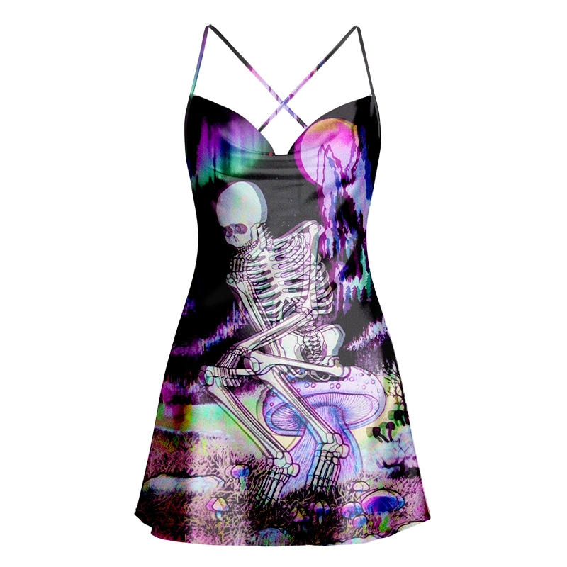 Soulisfree ACID FOREST SKELETON Cowl Neck Satin Mini Dress