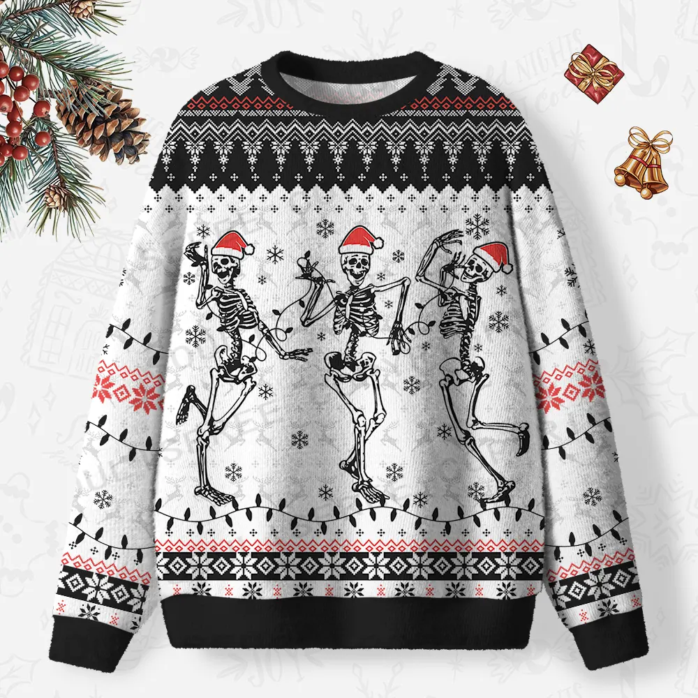 Jolly Dancing Skeletons Ugly Christmas Knit Sweatshirt