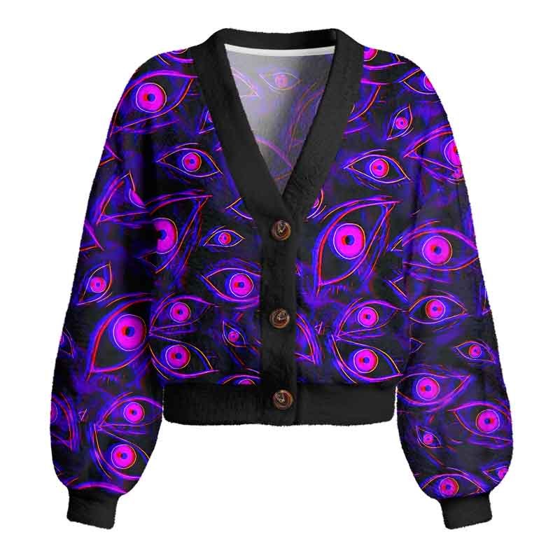 Soulisfree Neon Eyes of the Universe Women's Fuzzy Cardigan Sweater