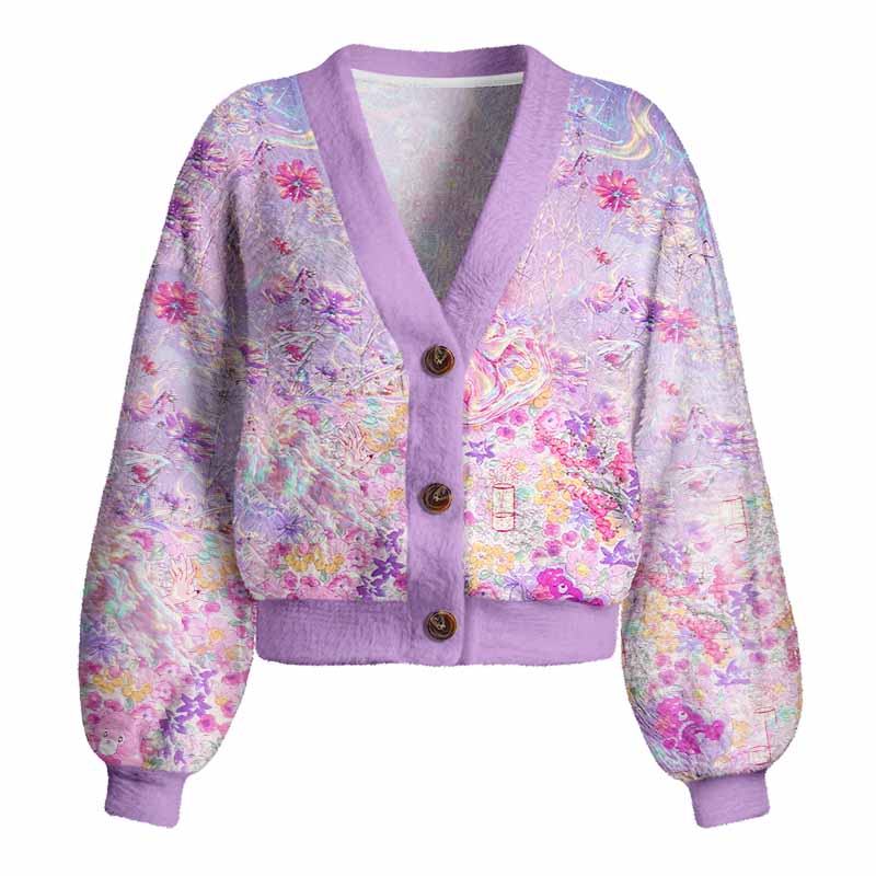 Soulisfree Iridescent Floral Fantasy Women's Fuzzy Cardigan Sweater