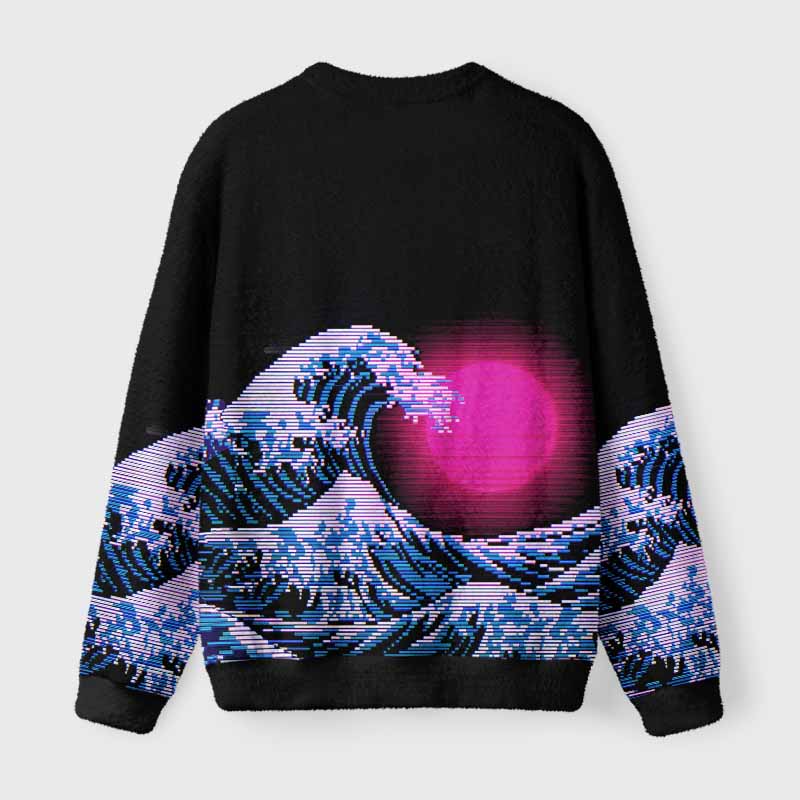 Soulisfree Vaporwave Aesthetic Great Wave Off Kanagawa Fuzzy Crewneck Sweater