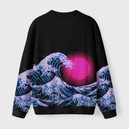 Soulisfree Vaporwave Aesthetic Great Wave Off Kanagawa Fuzzy Crewneck Sweater