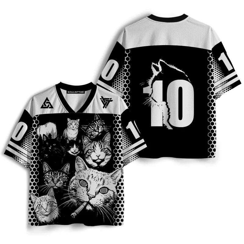 Soulisfree Black & White Cat Crew Mesh Jersey