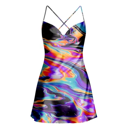 Soulisfree  Neon Galaxy Swirl Cowl Neck Satin Mini Dress