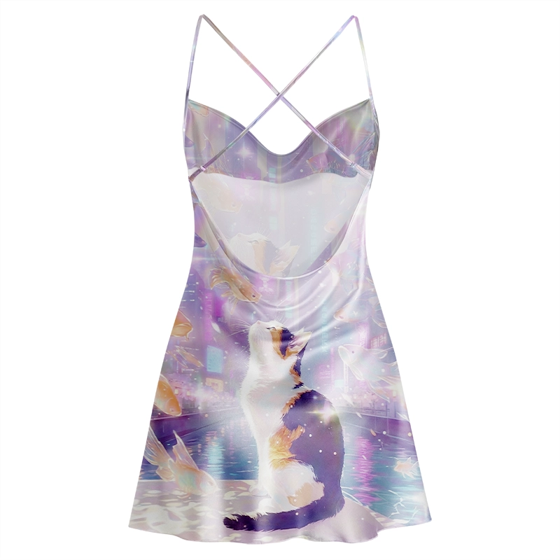 Soulisfree Pastel Cyber Cat Dream Cowl Neck Satin Mini Dress