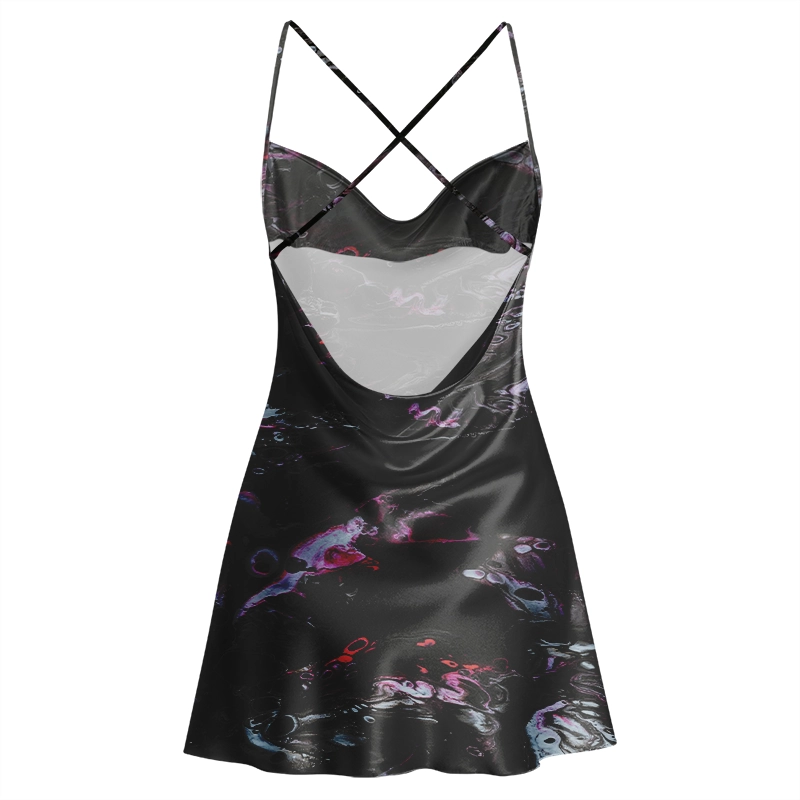 Soulisfree Neon Ink in Water Cowl Neck Satin Mini Dress
