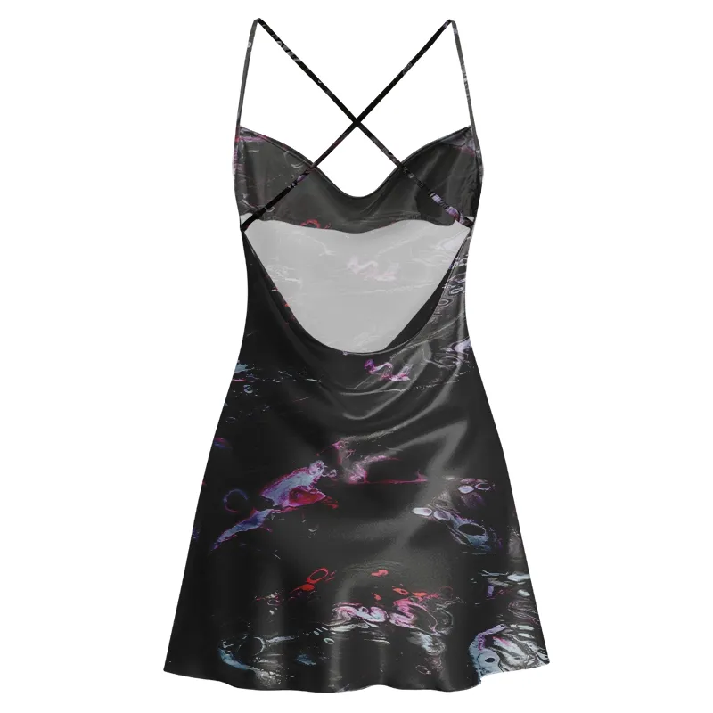 Soulisfree Neon Ink in Water Cowl Neck Satin Mini Dress