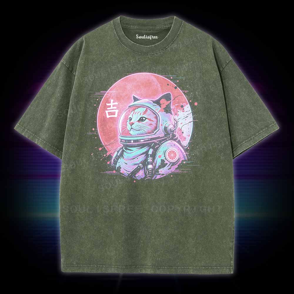 Soulisfree 1950s Retro Space Cat  Washed Tee