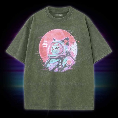 Soulisfree 1950s Retro Space Cat  Washed Tee