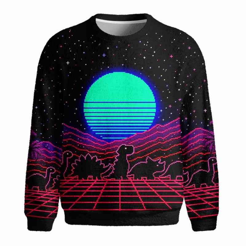 Soulisfree Retrowave Pixel Dinosaur Neon Sunset Fuzzy Crewneck Sweater
