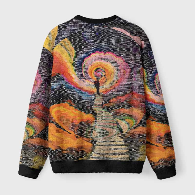 Soulisfree Chromatic Wave Abstraction Fuzzy Crewneck Sweater