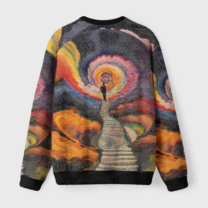 Soulisfree Chromatic Wave Abstraction Fuzzy Crewneck Sweater