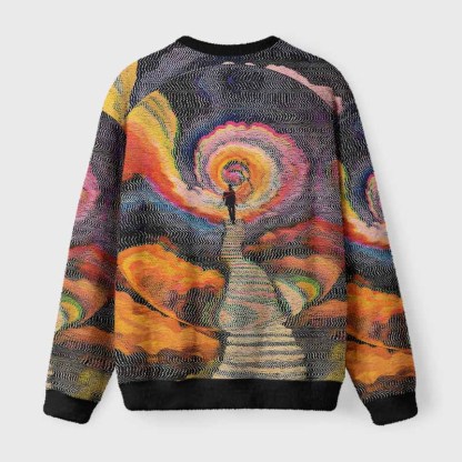 Soulisfree Chromatic Wave Abstraction Fuzzy Crewneck Sweater