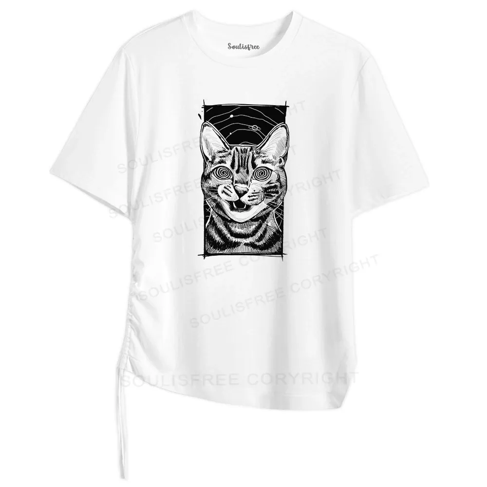 Designed Hypnotic Cat Asymmetrical Top With Side Drawstring