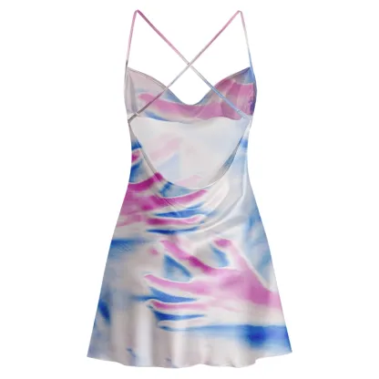 Soulisfree Dreamy Touch Imprint Cowl Neck Satin Mini Dress