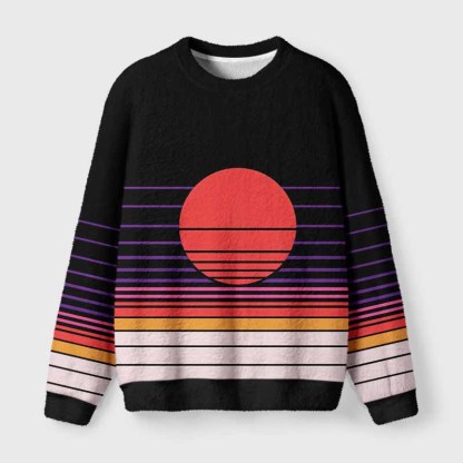 Soulisfree Synthwave Gradient Sunset Fuzzy Crewneck Sweater