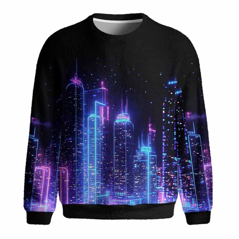 Soulisfree Neon Cyberpunk City Skyline Fuzzy Crewneck Sweater