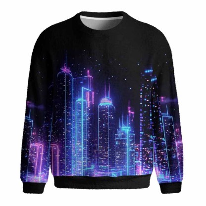 Soulisfree Neon Cyberpunk City Skyline Fuzzy Crewneck Sweater
