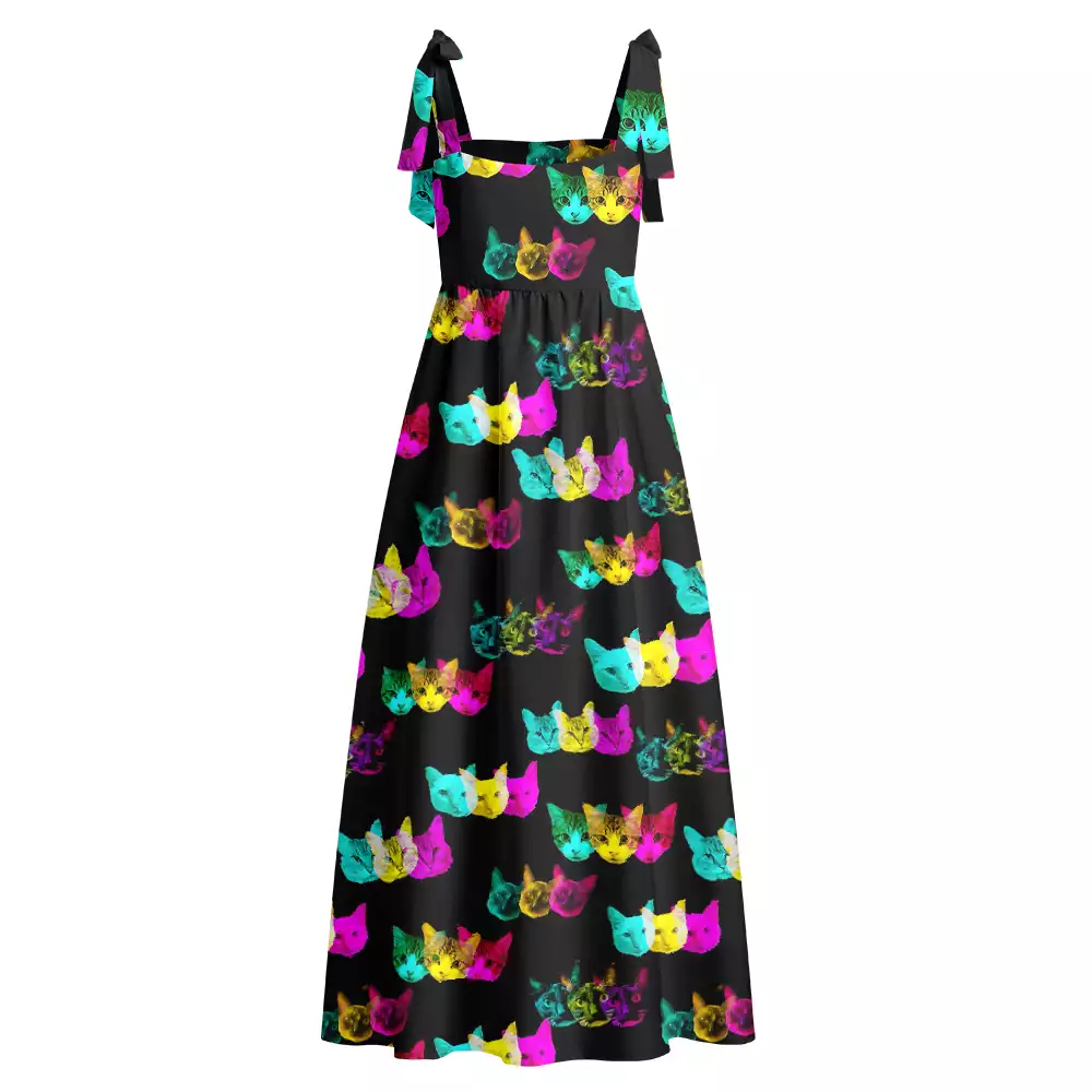 Soulisfree Glitch Art Neon Cat Walk Maxi Dress – Bow Strap