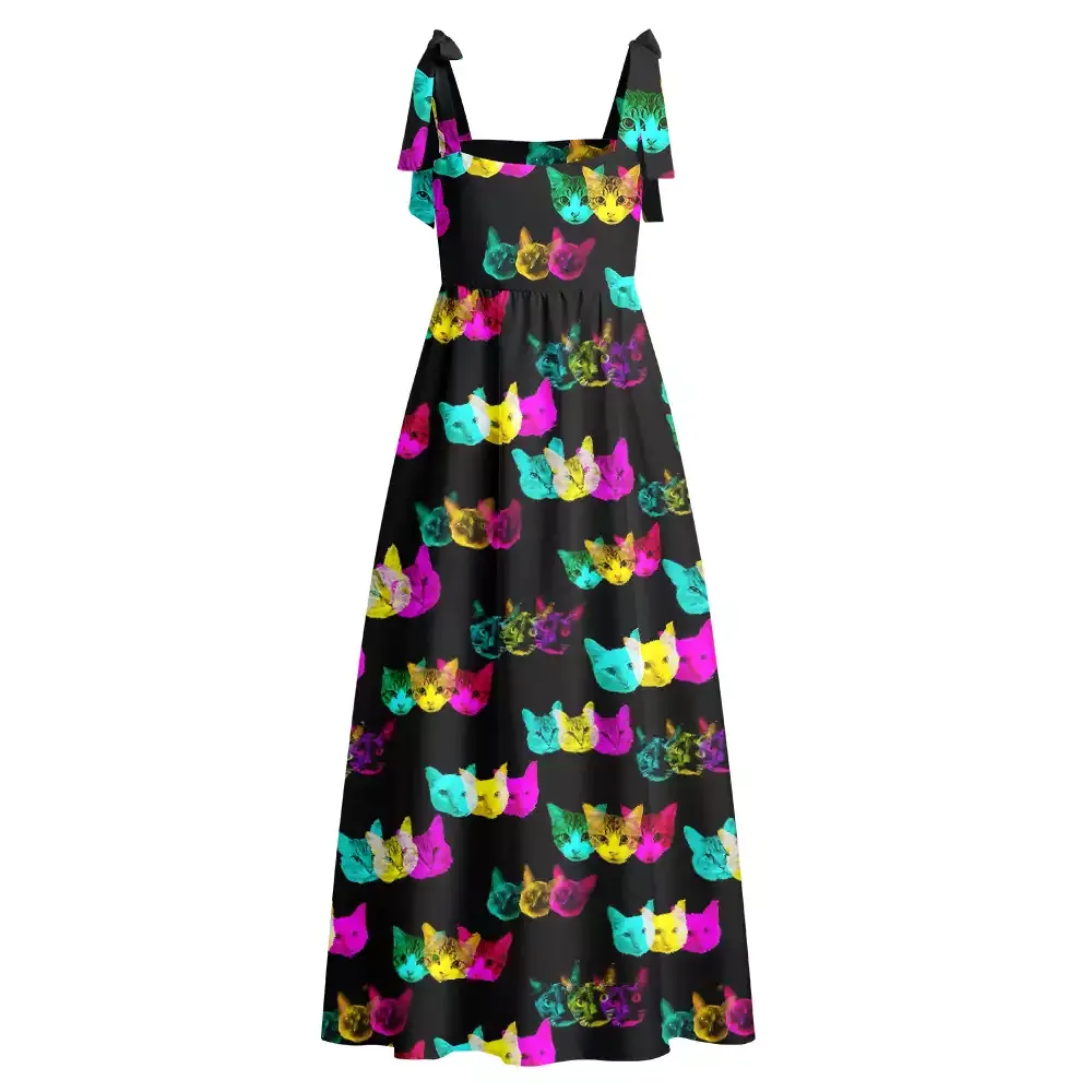 Soulisfree Glitch Art Neon Cat Walk Maxi Dress – Bow Strap